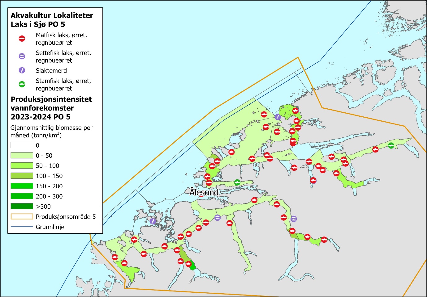 Figuren viser kartutsnitt av Nordvest-Norge, med PO5 innfelt i gult. Figuren viser relativt tett med lokaliteter, også ganske langt inn i de store fjordene. Blå linje viser grunnlinjen. En informasjonsboks til venstre viser symboler for akvakulturlokaliteter og fargeskala for produksjonsintensitet i vannforekomster. Fylte, røde sirkler med hvit fisk er «Matfisk laks, ørret og regnbueørret». Fylte lilla sirkler med hvite fisker er «Settefisk laks, ørret og regnbueørret». Fylte lilla sirkler med hvit kniv er «Slaktemerd». Fylte grønne sirkler med hvit fisk er «Stamfisk laks, ørret, regnbueørret». Produksjonsintensitet i vannforekomster i produksjonsområde 2023–2024: Gjennomsnittlig biomasse per måned (tonn per km2) har skala fra hvit og nedover listen med mørkere grønnfarger i følgende intervaller: 0 (hvit), 0–50, 50–100, 100-150, 150–200, 200–300 og >300 (mørk grønn). 