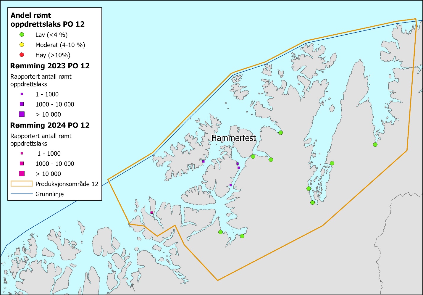 Figuren viser et kartutsnitt av Vest-Finnmark, med PO12 innrammet i gult. Figuren viser spredte grønne prikker, samt fem små lilla og rosa bokser. Infoboks til venstre i bildet har forklaringer av symboler i kartet. Andel rømt oppdrettslaks: Grønn, gul og rød prikk symboliserer henholdsvis Lav (< 4 %), Moderat (4–10 %) og Høy (> 10 %). Rømming 2023 «Rapportert antall rømt oppdrettslaks»: Liten, mellomstor og stor lilla boks representerer henholdsvis 1–1000, 1000–10 000 og > 10 000. Rømming 2024 «Rapportert antall rømt oppdrettslaks»: Liten, mellomstor og stor rosa boks representerer henholdsvis 1–1000, 1000–10 000 og > 10 000. 