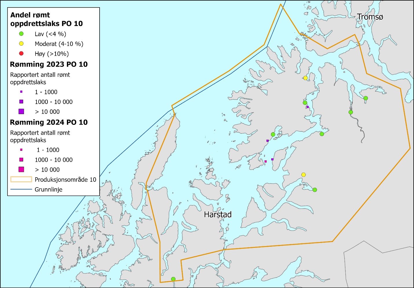 Figuren viser et kartutsnitt av deler av Nord-Norge, med PO10 innrammet i gult. Figuren viser syv spredte grønne prikker og to gule prikker, samt fire små lilla og rosa bokser. Infoboks til venstre i bildet har forklaringer av symboler i kartet. Andel rømt oppdrettslaks: Grønn, gul og rød prikk symboliserer henholdsvis Lav (< 4 %), Moderat (4–10 %) og Høy (> 10 %). Rømming 2023 «Rapportert antall rømt oppdrettslaks»: Liten, mellomstor og stor lilla boks representerer henholdsvis 1–1000, 1000–10 000 og > 10 000. Rømming 2024 «Rapportert antall rømt oppdrettslaks»: Liten, mellomstor og stor rosa boks representerer henholdsvis 1–1000, 1000–10 000 og > 10 000. 