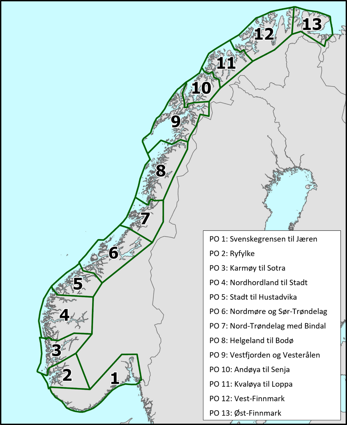 Kartutsnitt av hele Norge, der PO er inndelt med grønne grenselinjer. Infoboks til høyre i figuren lister de 13 PO. Liste over navn på PO er gjengitt i tabell 1.1. 