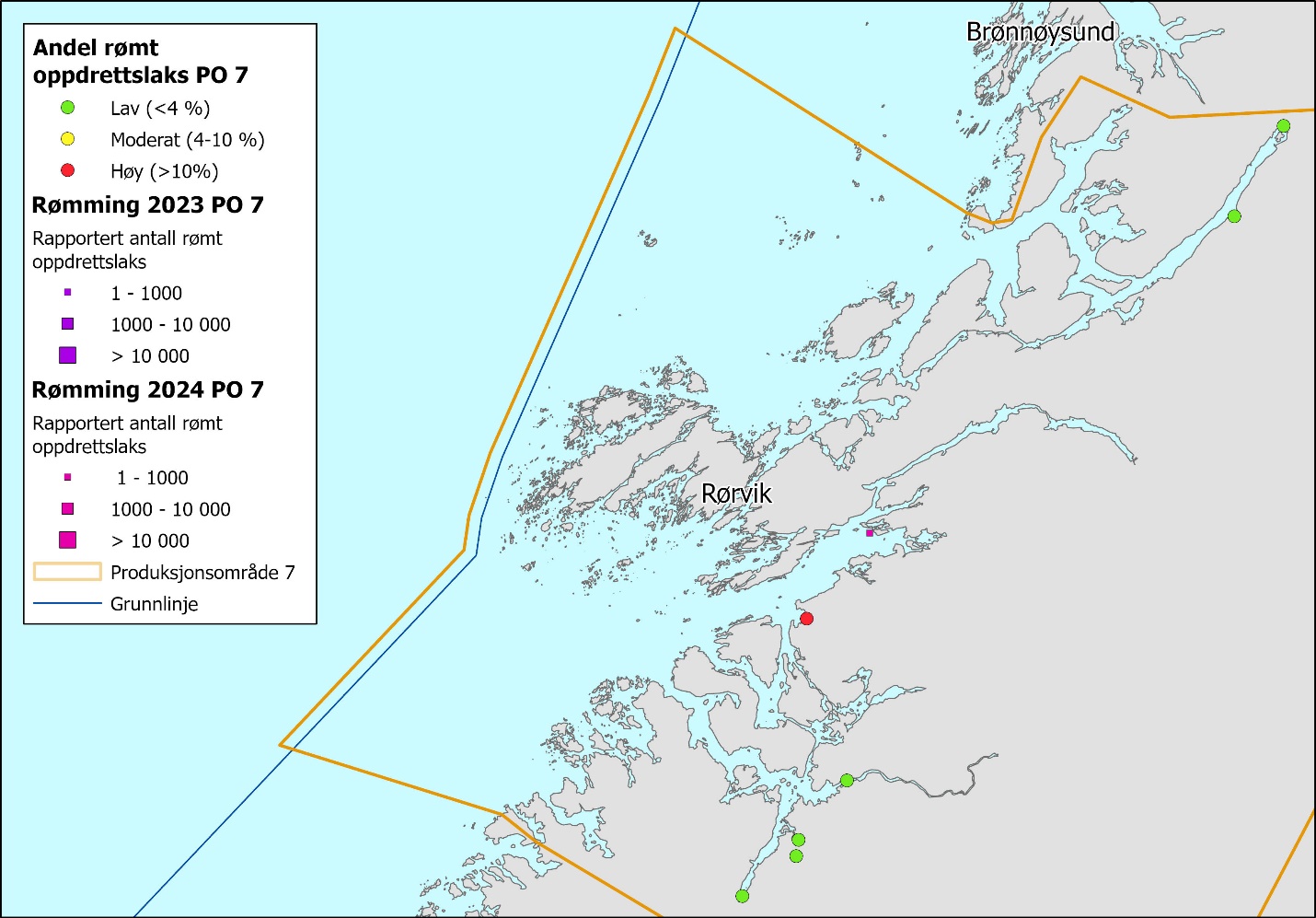 Figuren viser et kartutsnitt av Midt-Norge der PO7 er innrammet i gult. Figuren viser seks grønne prikker og en rød, samt en liten rosa boks. Infoboks til venstre i bildet har forklaringer av symboler i kartet. Andel rømt oppdrettslaks: Grønn, gul og rød prikk symboliserer henholdsvis Lav (< 4 %), Moderat (4–10 %) og Høy (> 10 %). Rømming 2023 «Rapportert antall rømt oppdrettslaks»: Liten, mellomstor og stor lilla boks representerer henholdsvis 1–1000, 1000–10 000 og > 10 000. Rømming 2024 «Rapportert antall rømt oppdrettslaks»: Liten, mellomstor og stor rosa boks representerer henholdsvis 1–1000, 1000–10 000 og > 10 000. 