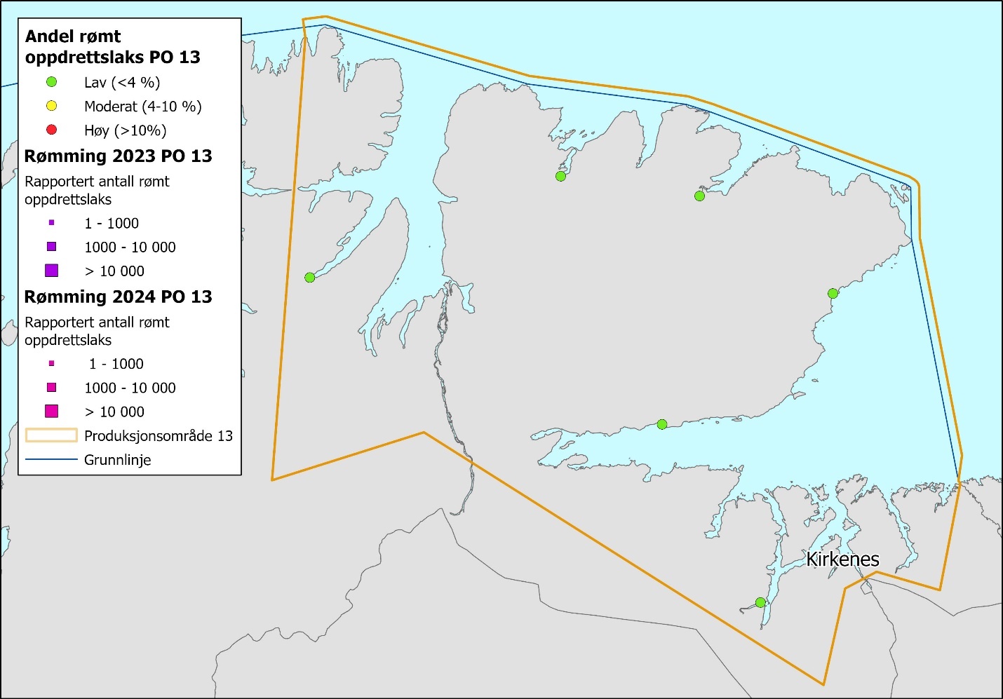 Figuren viser et kartutsnitt av Øst-Finnmark, med PO13 innrammet i gult. Figuren viser seks spredte grønne prikker. Infoboks til venstre i bildet har forklaringer av symboler i kartet. Andel rømt oppdrettslaks: Grønn, gul og rød prikk symboliserer henholdsvis Lav (< 4 %), Moderat (4–10 %) og Høy (> 10 %). Rømming 2023 «Rapportert antall rømt oppdrettslaks»: Liten, mellomstor og stor lilla boks representerer henholdsvis 1–1000, 1000–10 000 og > 10 000. Rømming 2024 «Rapportert antall rømt oppdrettslaks»: Liten, mellomstor og stor rosa boks representerer henholdsvis 1–1000, 1000–10 000 og > 10 000. 