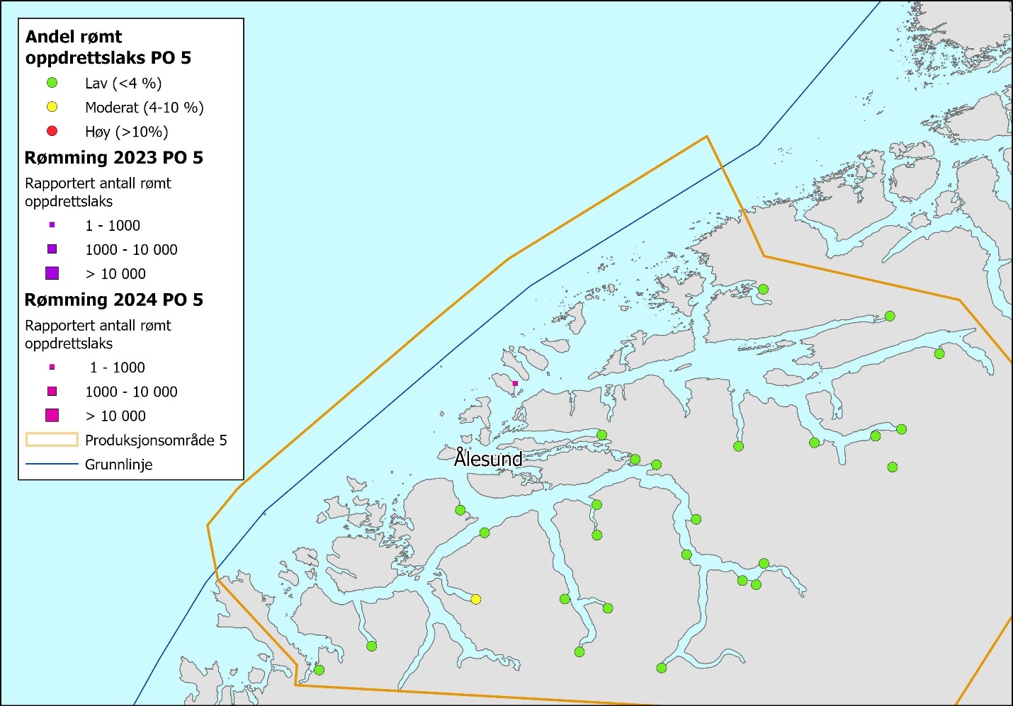 Figuren viser et kartutsnitt av Nordvest-Norge der PO5 er innrammet i gult. Figuren viser spredte grønne prikker og en gul prikk, samt en liten rosa boks. Infoboks til venstre i bildet har forklaringer av symboler i kartet. Andel rømt oppdrettslaks: Grønn, gul og rød prikk symboliserer henholdsvis Lav (< 4 %), Moderat (4–10 %) og Høy (> 10 %). Rømming 2023 «Rapportert antall rømt oppdrettslaks»: Liten, mellomstor og stor lilla boks representerer henholdsvis 1–1000, 1000–10 000 og > 10 000. Rømming 2024 «Rapportert antall rømt oppdrettslaks»: Liten, mellomstor og stor rosa boks representerer henholdsvis 1–1000, 1000–10 000 og > 10 000. 