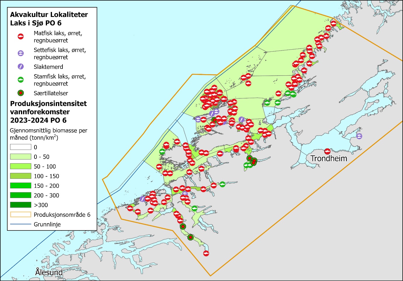 Figuren viser kartutsnitt av Midt-Norge, med PO6 innfelt i gult. Figuren viser at akvakulturlokalitetene ligger tett og jevnt fordelt i området, bortsett fra i Trondheimsfjorden, der det er markert for to lokaliteter. Blå linje viser grunnlinjen. En informasjonsboks til venstre viser symboler for akvakulturlokaliteter og fargeskala for produksjonsintensitet i vannforekomster. Fylte, røde sirkler med hvit fisk er «Matfisk laks, ørret og regnbueørret». Fylte lilla sirkler med hvite fisker er «Settefisk laks, ørret og regnbueørret». Fylte lilla sirkler med hvit kniv er «Slaktemerd». Fylte grønne sirkler med hvit fisk er «Stamfisk laks, ørret, regnbueørret». Produksjonsintensitet i vannforekomster i produksjonsområde 2023–2024: Gjennomsnittlig biomasse per måned (tonn per km2) har skala fra hvit og nedover listen med mørkere grønnfarger i følgende intervaller: 0 (hvit), 0–50, 50–100, 100-150, 150–200, 200–300 og >300 (mørk grønn). 