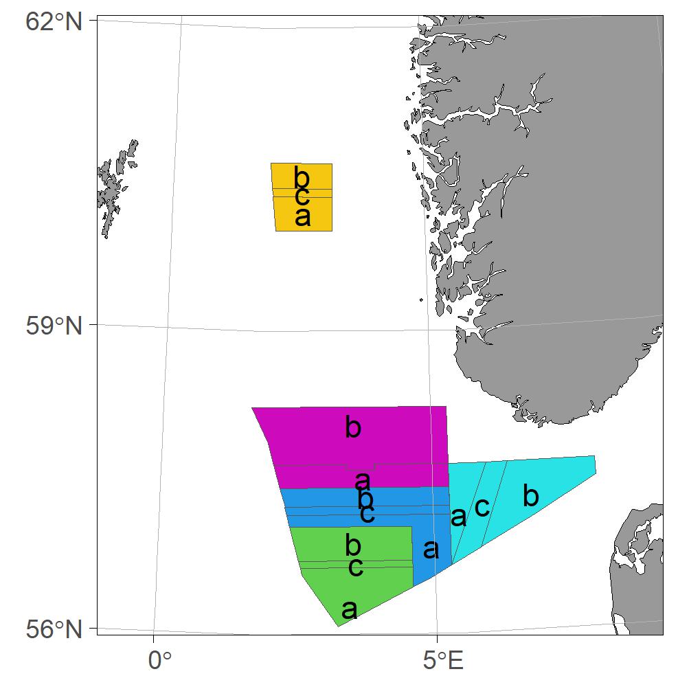 Forvaltningsområder for tobis i norsk økonomisk sone i Nordsjøen og inndeling i underområder: Gul = forvaltningsområde 5, Lilla = 4, Turkis = 3, Blå = 2, Grønn = 1). Gyldig f.o.m. 2024.