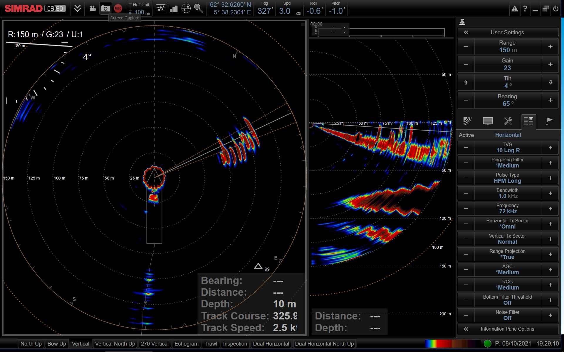 Figure 12: Sonar picture showing a migrating shoal of Atlantic bluefin tuna (ABFT) in western Norway. The characteristics were small number of individuals ranging from 5 to 50 fish, swimming 5-50 m below the surface, high swimming speed (4-7 knots) and soldier formation.