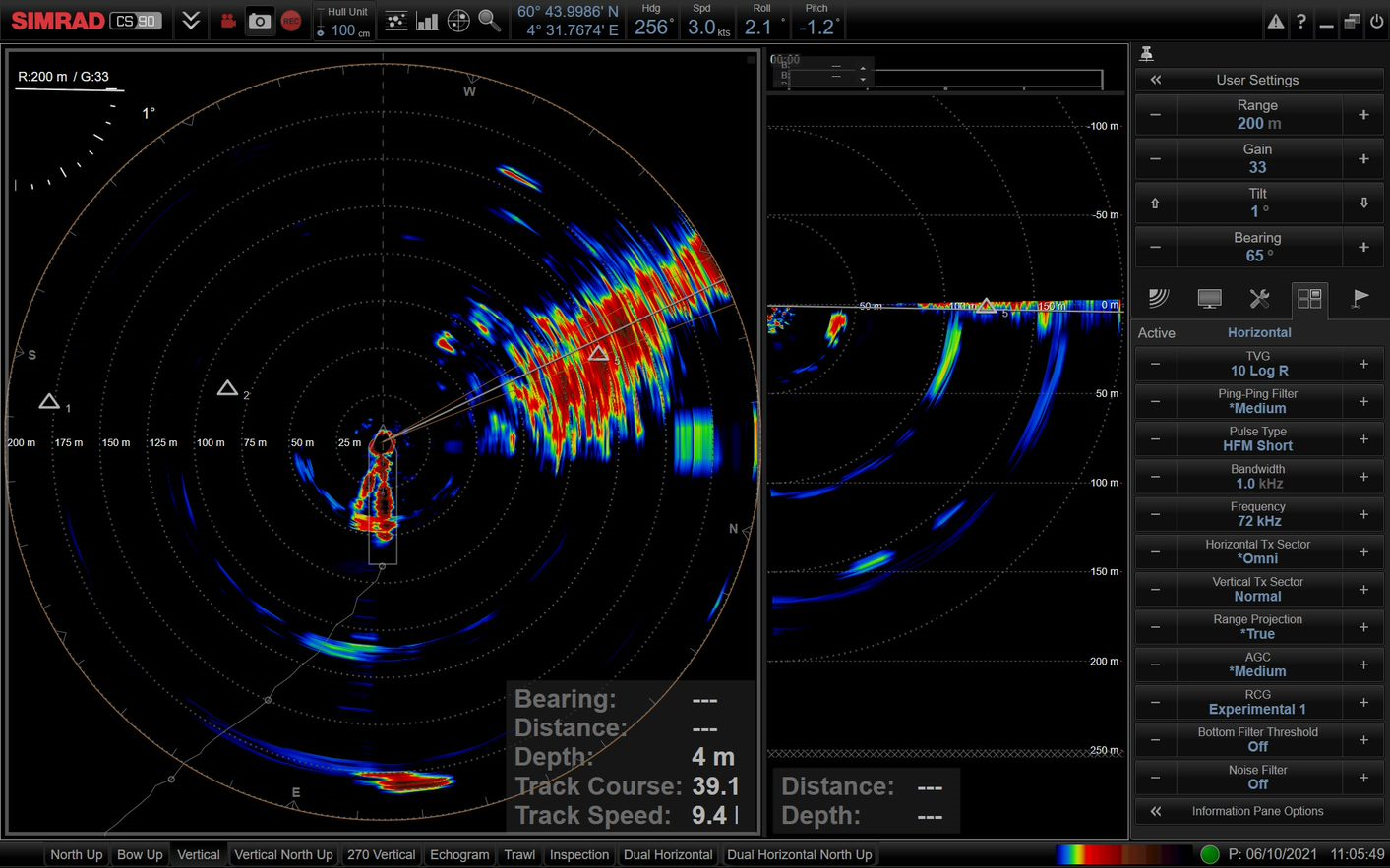 Figure 11: Horizontal and vertical multibeam sonar display of Atlantic bluefin tuna feeding in western Norway during autumn. The sonar picture reveals a large number (> 100) of ABFT feeding aggregations swimming with slow speed of about 1 knot in the upper 10 m water of the water column in western Norway during autumn.