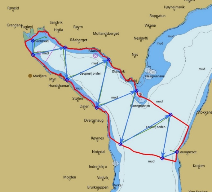 Figure A1.3 Run 3 in Gaupnefjord at night-time as shown in the OpenCPN map.