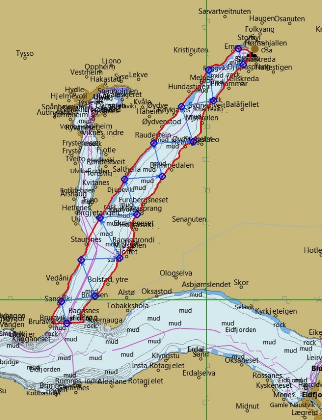 Figure A1.4 Run 4 in Osafjord at night-time as shown in the OpenCPN map. 