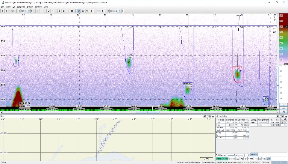 Figure 1 Schools of sprat at more than 100 m depth as observed from Kristine Bonnevie during daytime in Survey 5 in Osafjorden (Table 1). School boxes were applied to avoid getting backscatter contribution from the increasing acoustic background noise by depth.