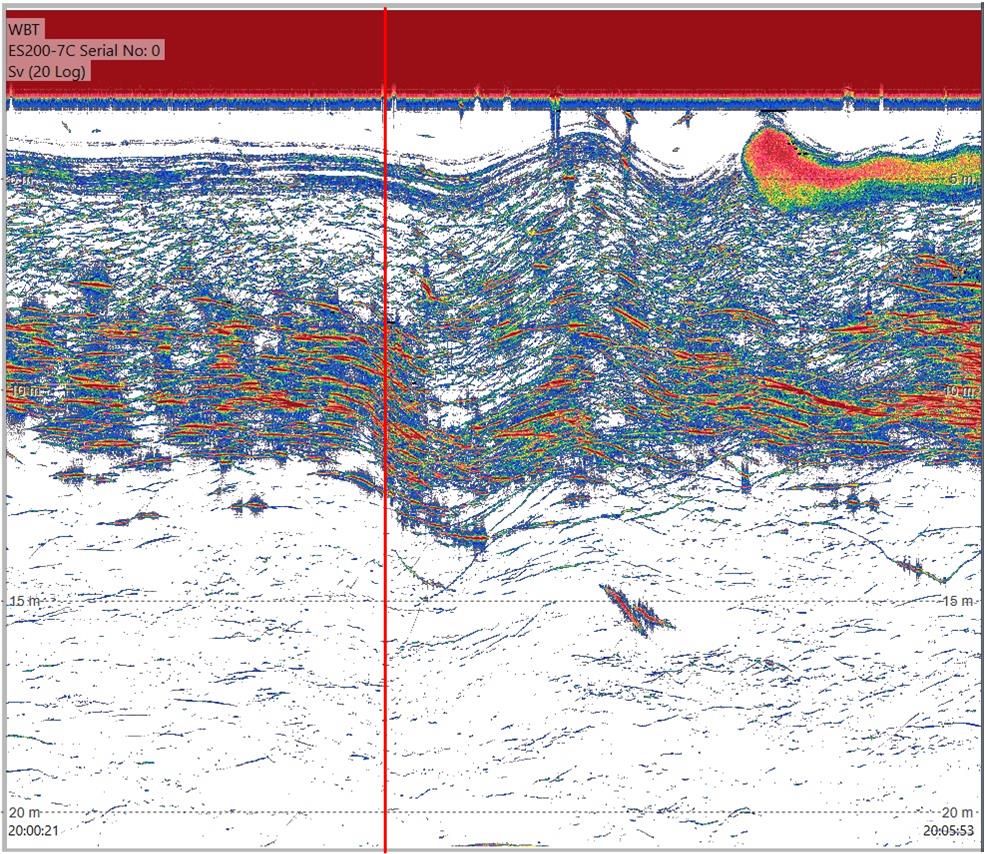 Figure 6 EK80 200 kHz recordings from the Kayak Drone as RV Kristine Bonnevie passes close by during passing. A layer of sprat is detected from 3 – 15 m below the surface. The nearest point of approach is marked with a red line in the echogram. The wake of the RV induces heave and roll of the Kayak Drone. Air bubbles from the propeller of RV Kristine Bonnevie emerge below the Kayak Drone a few minutes after passing.