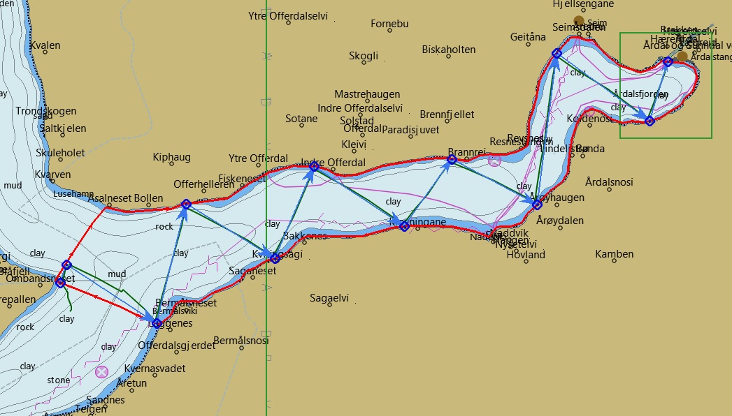 Figure A1.1 Run 1 in Årdalsfjord at daytime as shown in the OpenCPN map.