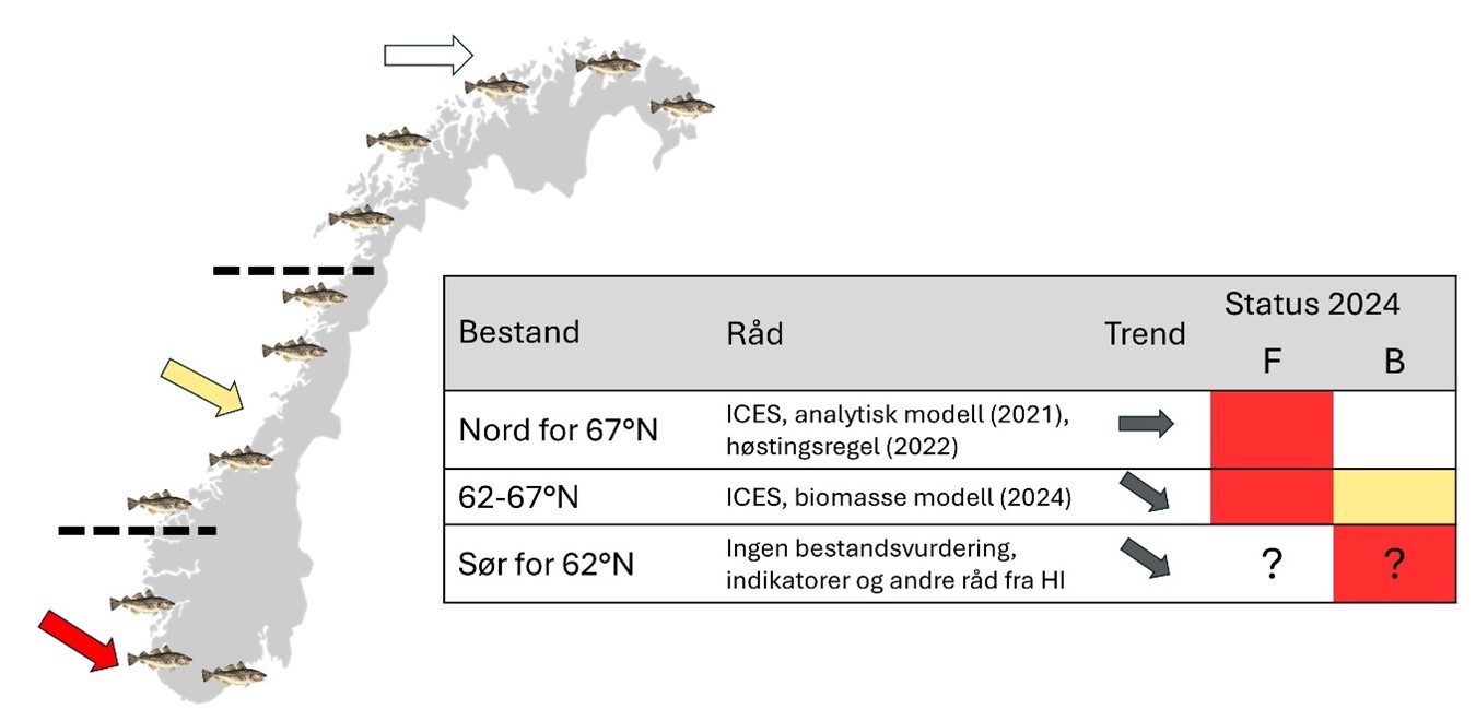 Figur 1. Status for de tre kysttorskbestandene med hensynpå fiskedødelighet (F) og biomasse (B). Statuskategorier definert av ICES (ICES 2016). Grønn: biomasse over målverdi eller fiskedødelighet under målsetning. Gul: biomasse eller fiskedødelighet mellom målverdi og kritisk grense. Rød: biomasse under kritisk grense eller fiskedødelighet over kritisk nivå. Hvit: mål eller kritisk grense ikke bestemt. Spørsmålstegn angir svakt datagrunnlag.