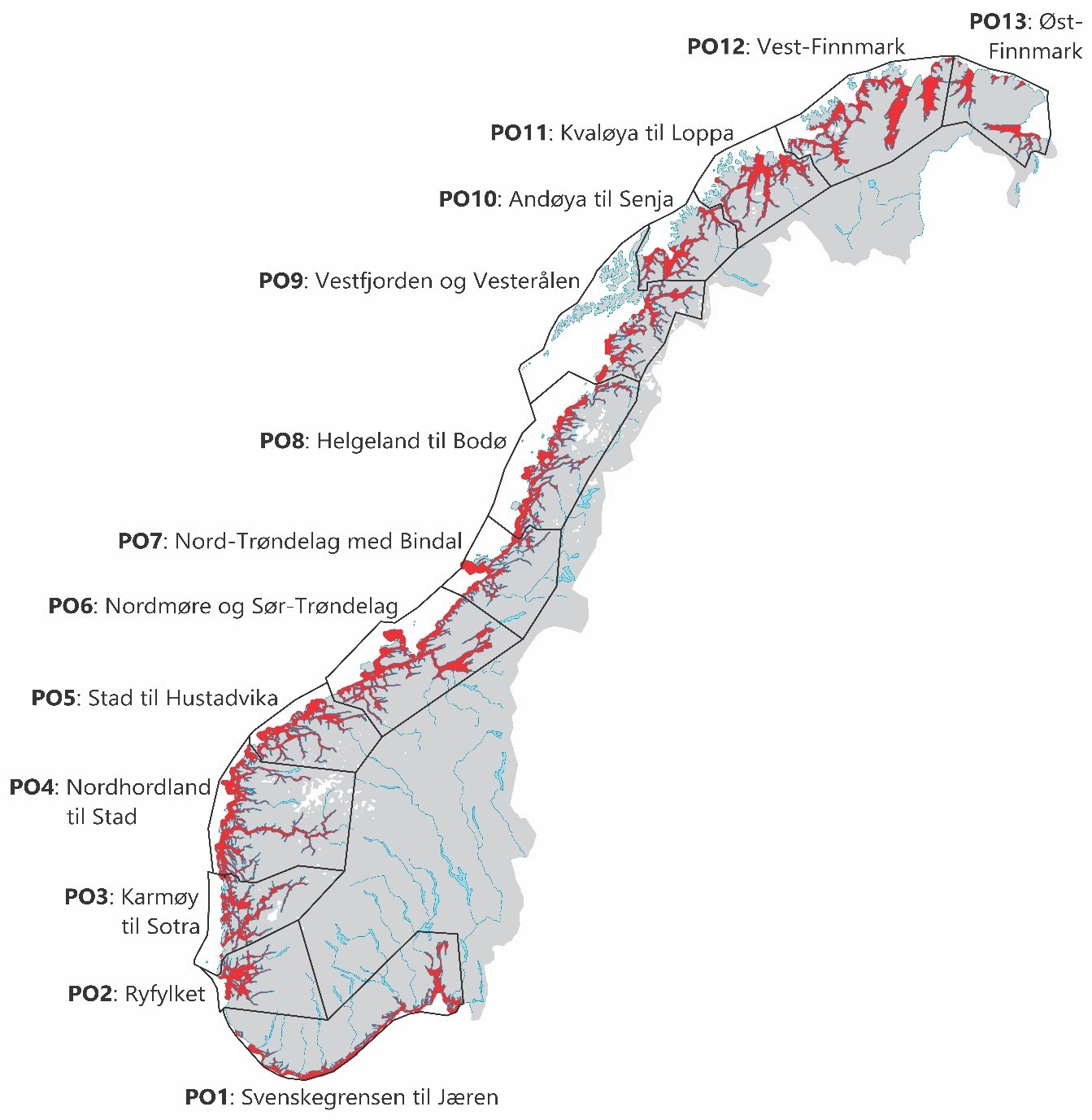 Oppdeling av Norskekysten i produksjonsområder for akvakultur, samt dekning av Havforskningsinstituttets kartlegging av gytefelt (rød farge). Data hentet fra Fiskeridirektoratets kartløsning Yggdrasil.