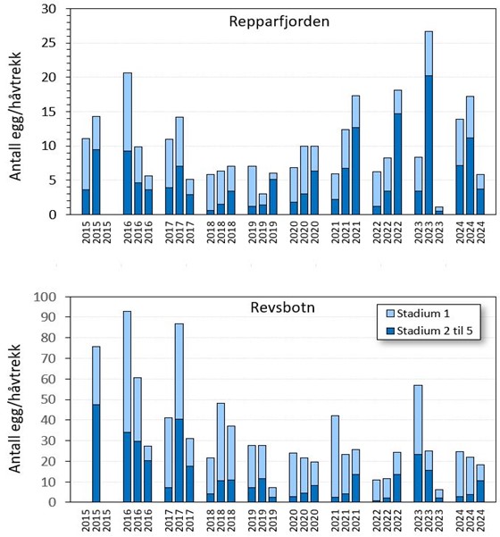 Figur 3. Variasjon i gyting gjennom gytesesong og mellom år fra to fjorder i Vest-Finnmark. Antall egg pr. håvtrekk for egg i samme størrelse som torskeegg (1,2-1,65 mm diameter) er gitt som gjennomsnitt for 17 faste stasjoner i Repparfjorden og 15 faste stasjoner i Revsbotn. Data viser mengde yngre egg (stadium 1) og eldre egg (stadium 2 til 5).