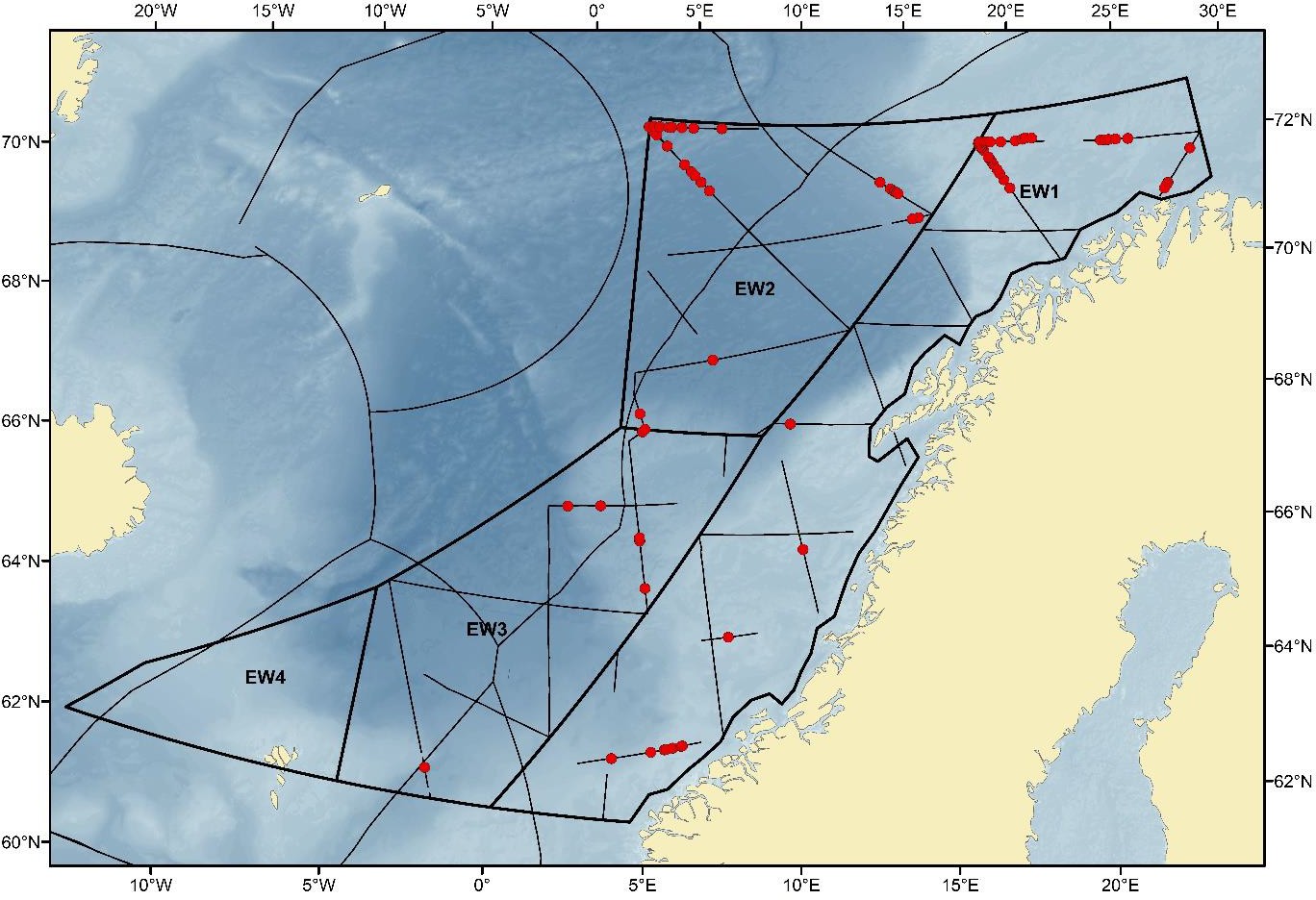 Kartfigur over toktrute for telling av finnhval