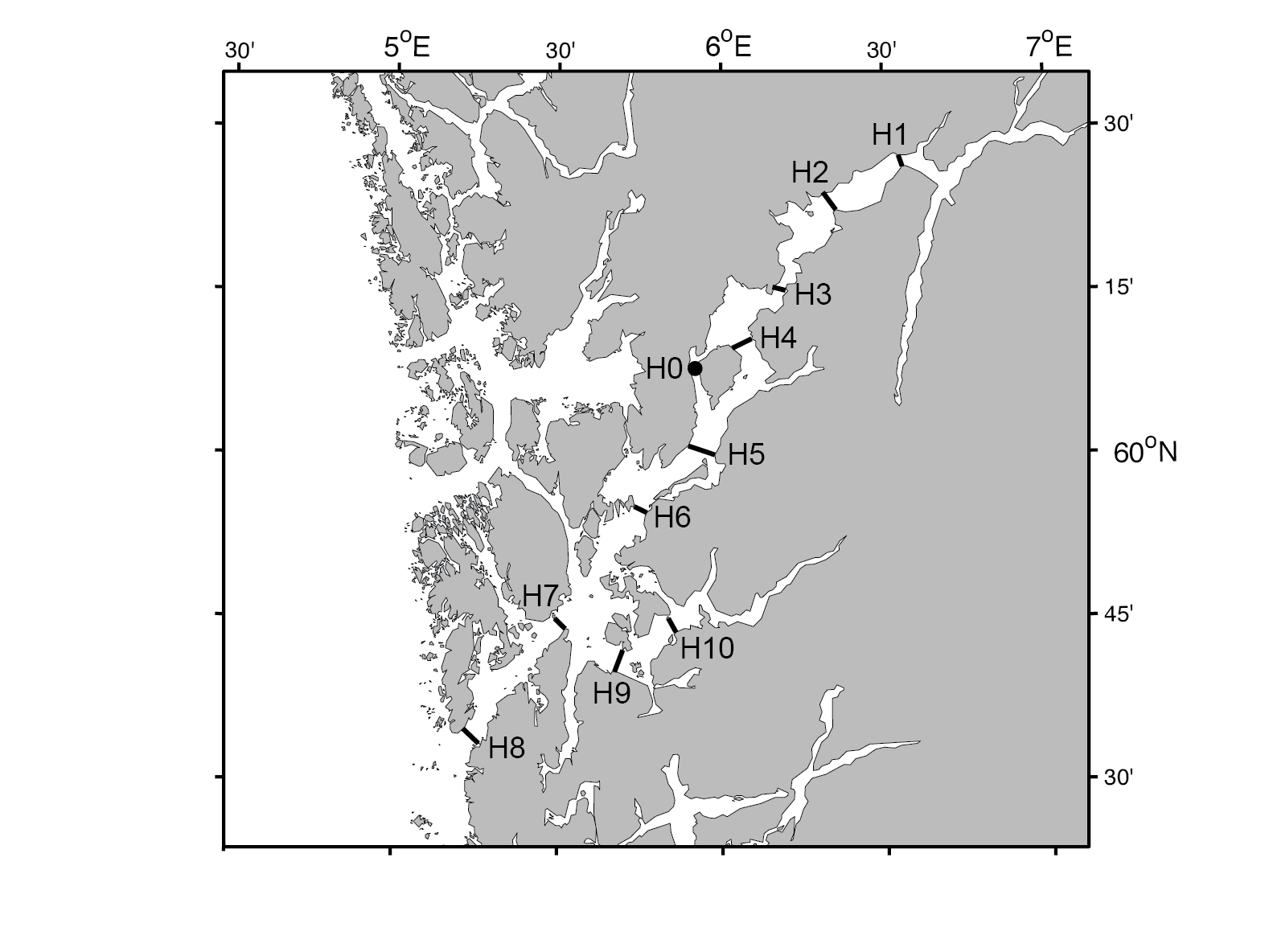 Figur 8. Posisjonen til de faste hydrografi-snittene i Hardangerfjorden. 