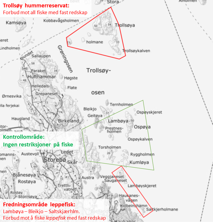 Vedlegg 9: Forskningsområder, Austevoll. Det er forbud å fiske etter leppefisk med ruser og teiner innad de røde område. Det er ingen restriksjoner i det grønne området.