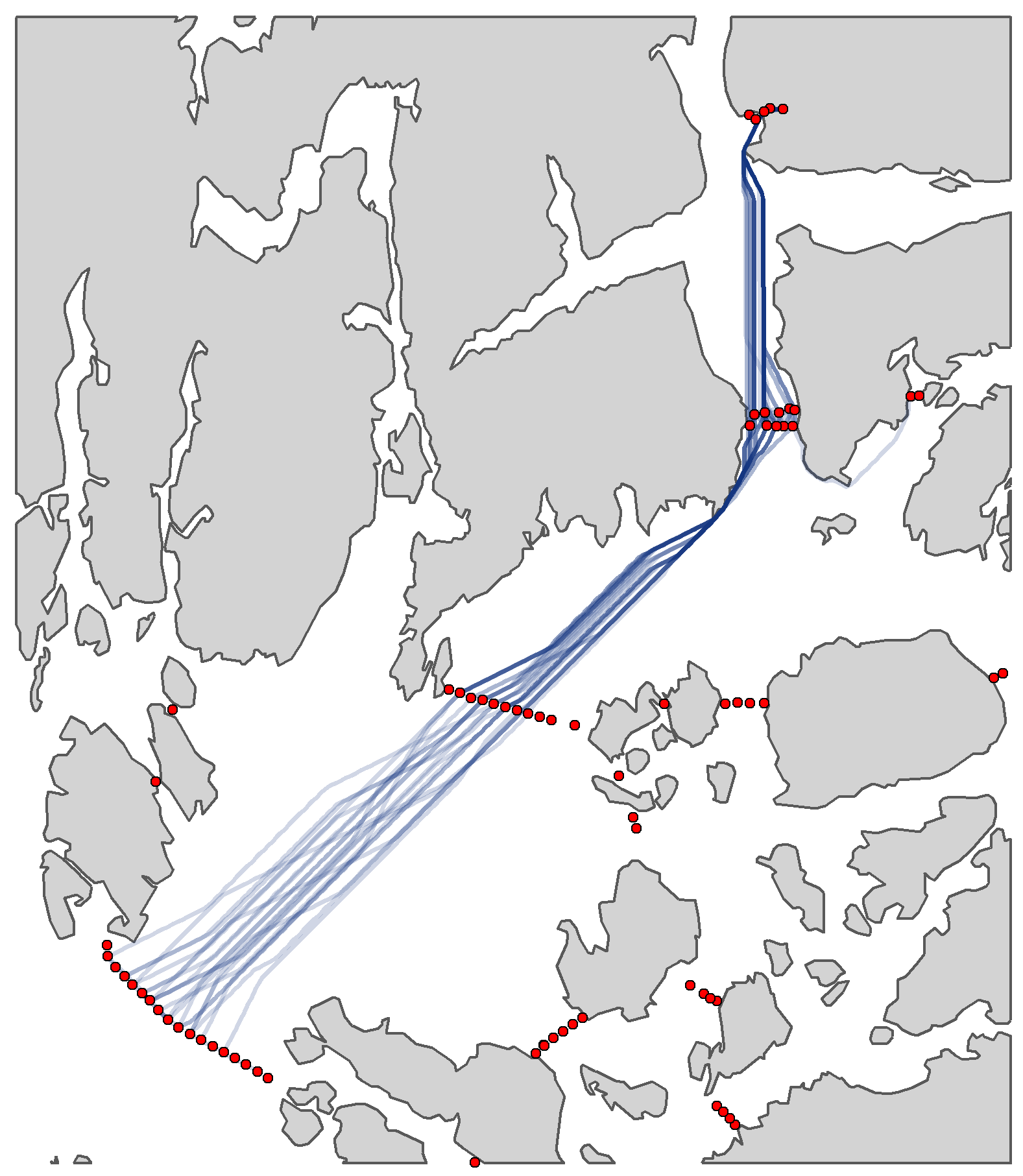 Figuren viser de enkelte fiskenes korteste rute plottet som streker fra Vikedalselven og utover på ett kart over Rogaland.
