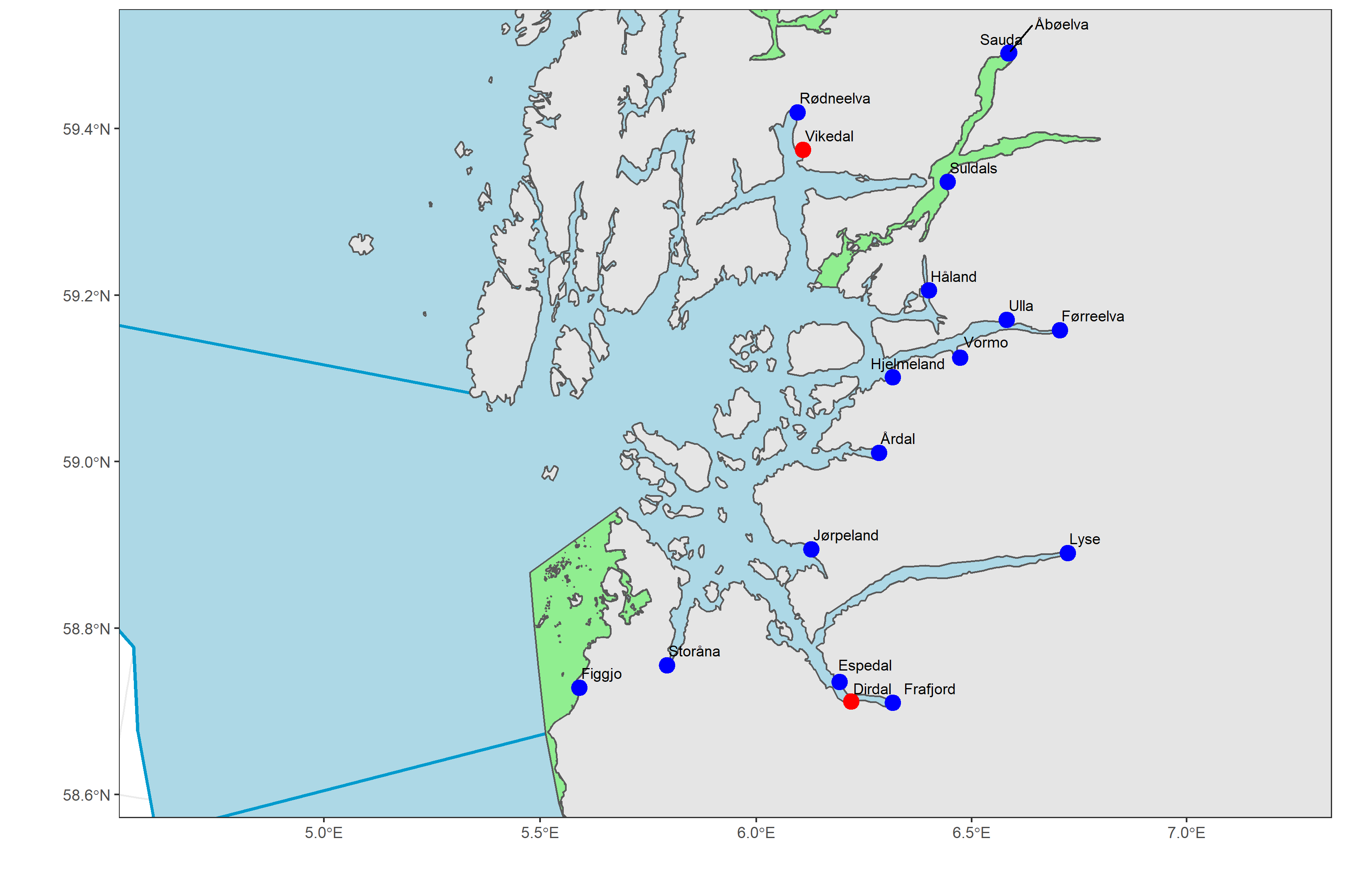 Figuren viser de lakseførende elvene plottet på ett kart over Rogaland.
