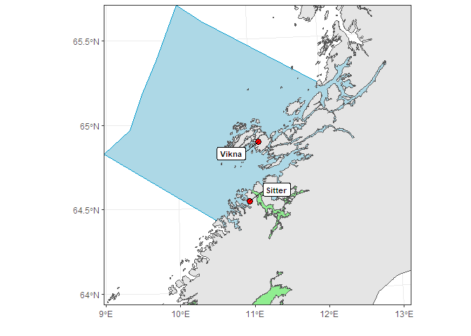 Figur 30. Områder for overvåking i produksjonsområde 7. Røde sirkler angir posisjoner for undersøkelser med ruser og garn og grønne områder viser nasjonale laksefjorder.