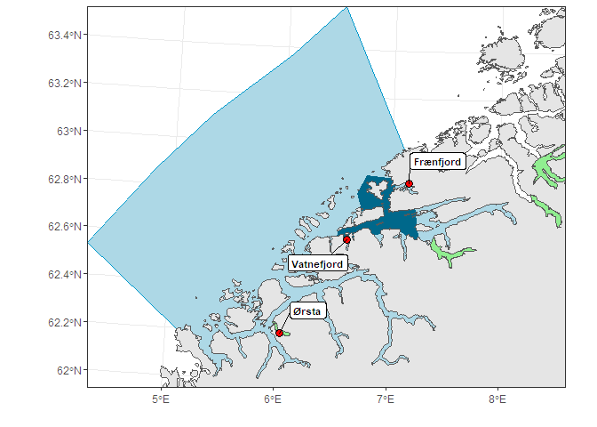 Figur 22. Områder for overvåking i produksjonsområde 5. Røde sirkler angir posisjoner for undersøkelser med ruser og garn. Skravert felt viser omtrentlig område for postsmolttråling og grønne områder viser nasjonale laksefjorder.