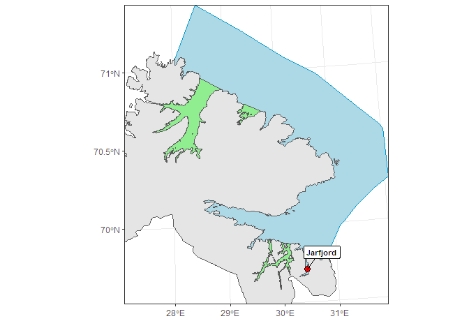 Figur 48. Områder for overvåking i produksjonsområde 13. Rød sirkel angir posisjon for undersøkelse med ruser og garn og grønne områder viser nasjonale laksefjorder.