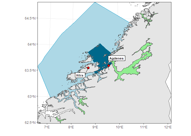 Figur 26. Områder for overvåking i produksjonsområde 6. Røde sirkler angir posisjoner for undersøkelser med ruser og garn. Skravert felt viser omtrentlig område for postsmolttråling og grønne områder viser nasjonale laksefjorder.