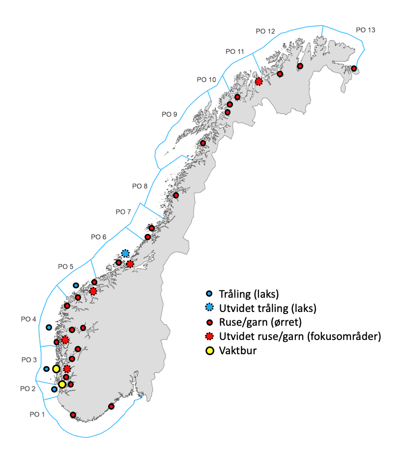 Figur 1. Områder og omtrentlige posisjoner for de ulike metodene i overvåkingsprogrammet for lakselus på vill laksefisk i 2021