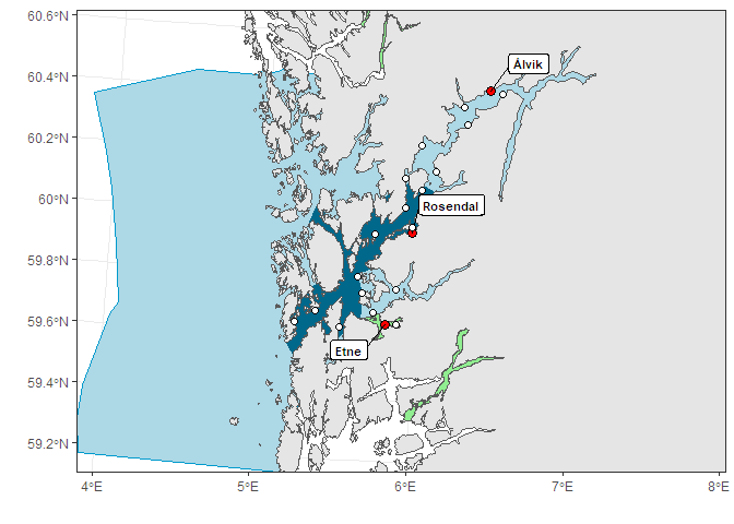 Figur 12. Områder for overvåking i produksjonsområde 3. Røde sirkler angir posisjoner for undersøkelser med ruser og garn og hvite sirkler angir posisjoner for vaktbur. Skravert felt viser omtrentlig område for postsmolttråling og grønne områder viser nasjonale laksefjorder.
