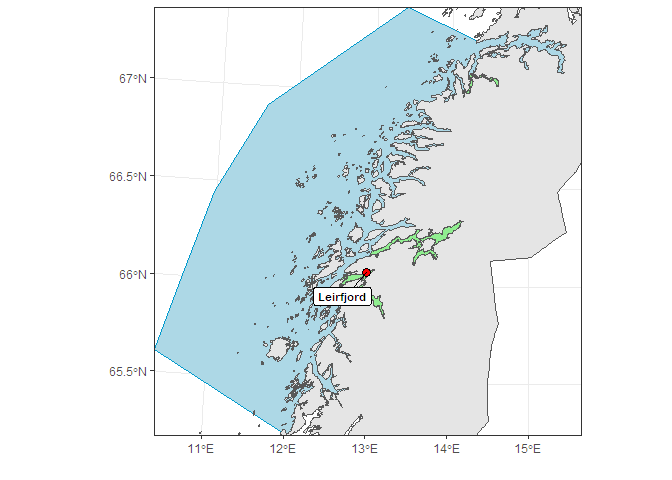 Figur 33. Område for overvåking i produksjonsområde 8. Rød sirkel angir posisjon for undersøkelser med ruser og garn. Grønne områder viser nasjonale laksefjorder.