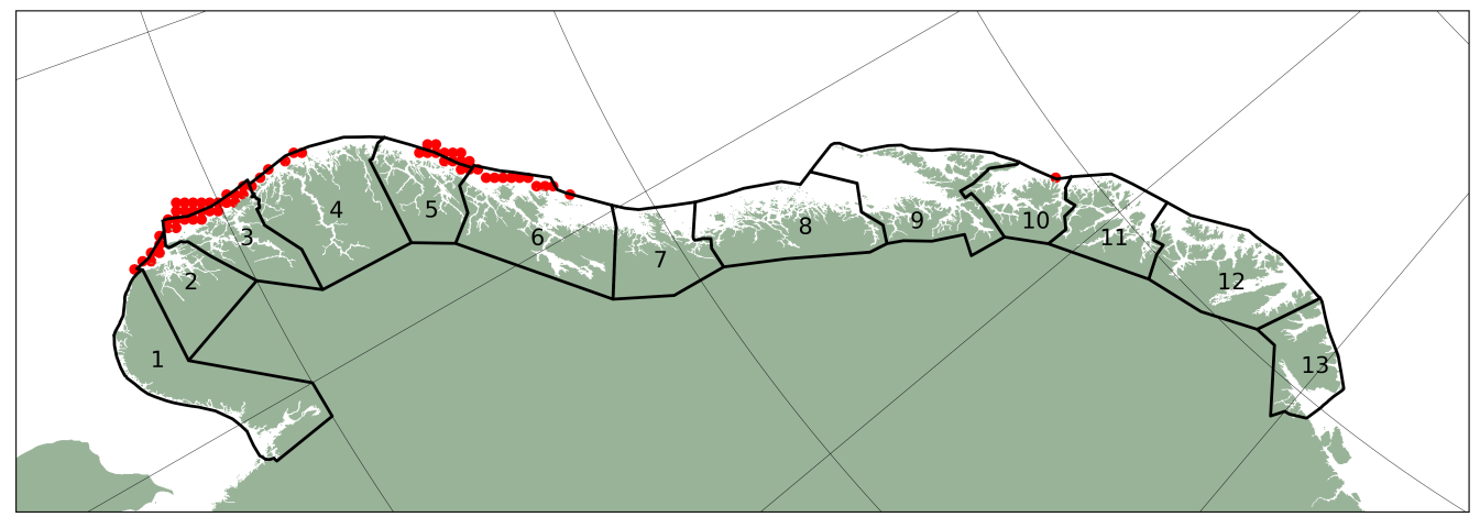 Kartmodell over produksjonsområder langs norskekysten