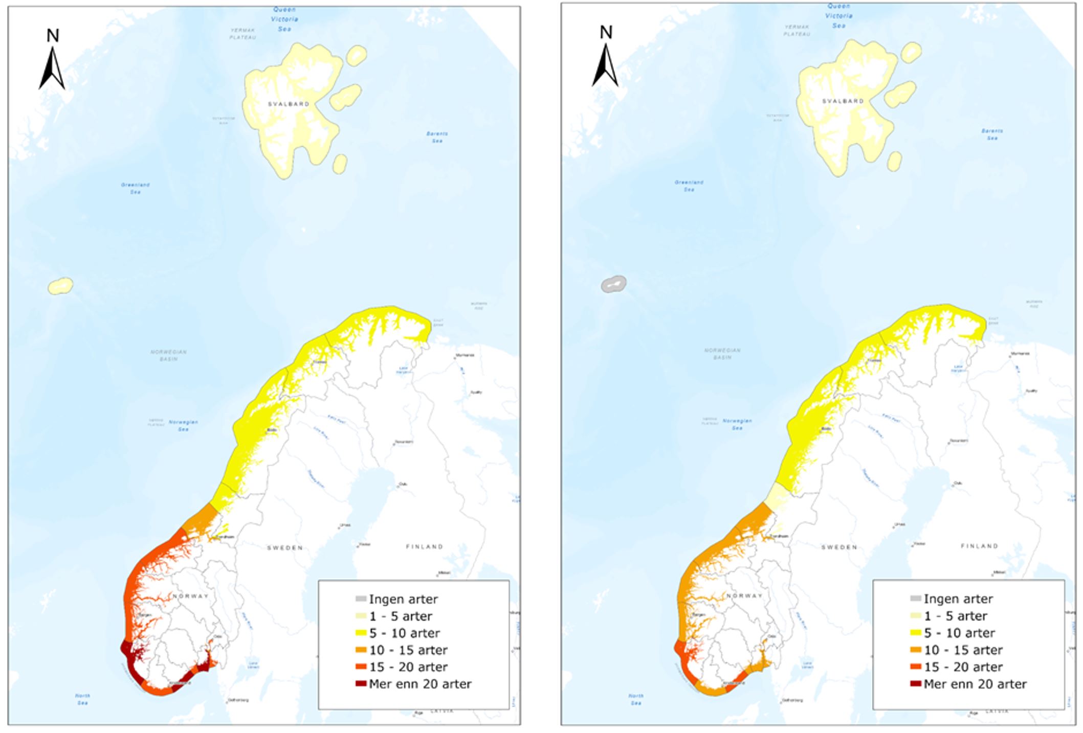 Kart som viser til venstre forekomsten av registrerte fremmede marine arter i Norge, til høyre etablerte arter 