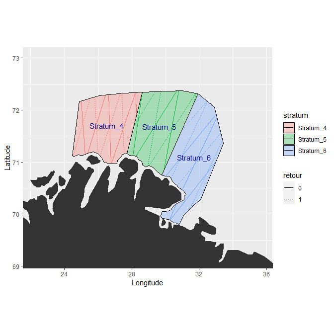 Fig. 1. Survey coverage originally planned for Vendla (east) with three strata, zig-zag transects and coverage in each stratum reflecting the expectancy of finding capelin. The fully drawn lines represent transects for the west to east coverage and the dashed lines for the east to west coverage. 