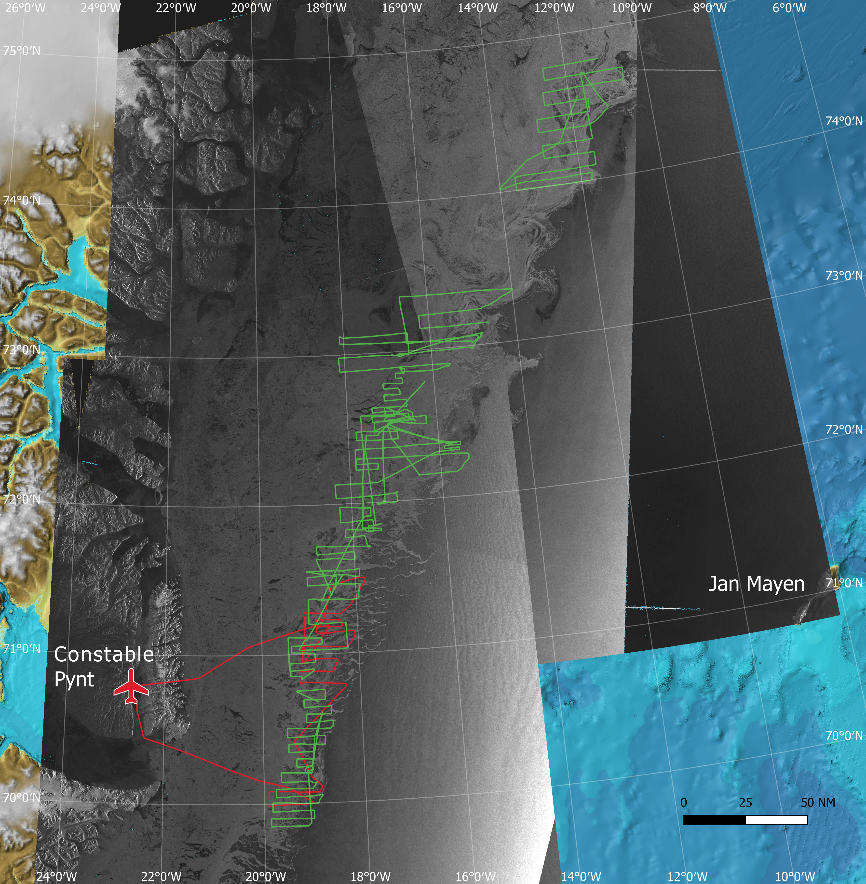Fig. 5. Aircraft (red) and helicopter (green) flight tracks conducted during reconnaissance and pup staging surveys from R/V Kronprins Haakon on March 21st-28th 2022. The background image is a composite of Sentinel 1 SAR images of sea ice concentration on dates roughly corresponding to the dates of the surveys in the respective areas, overlaid on the IBCAO bathymetric chart.  