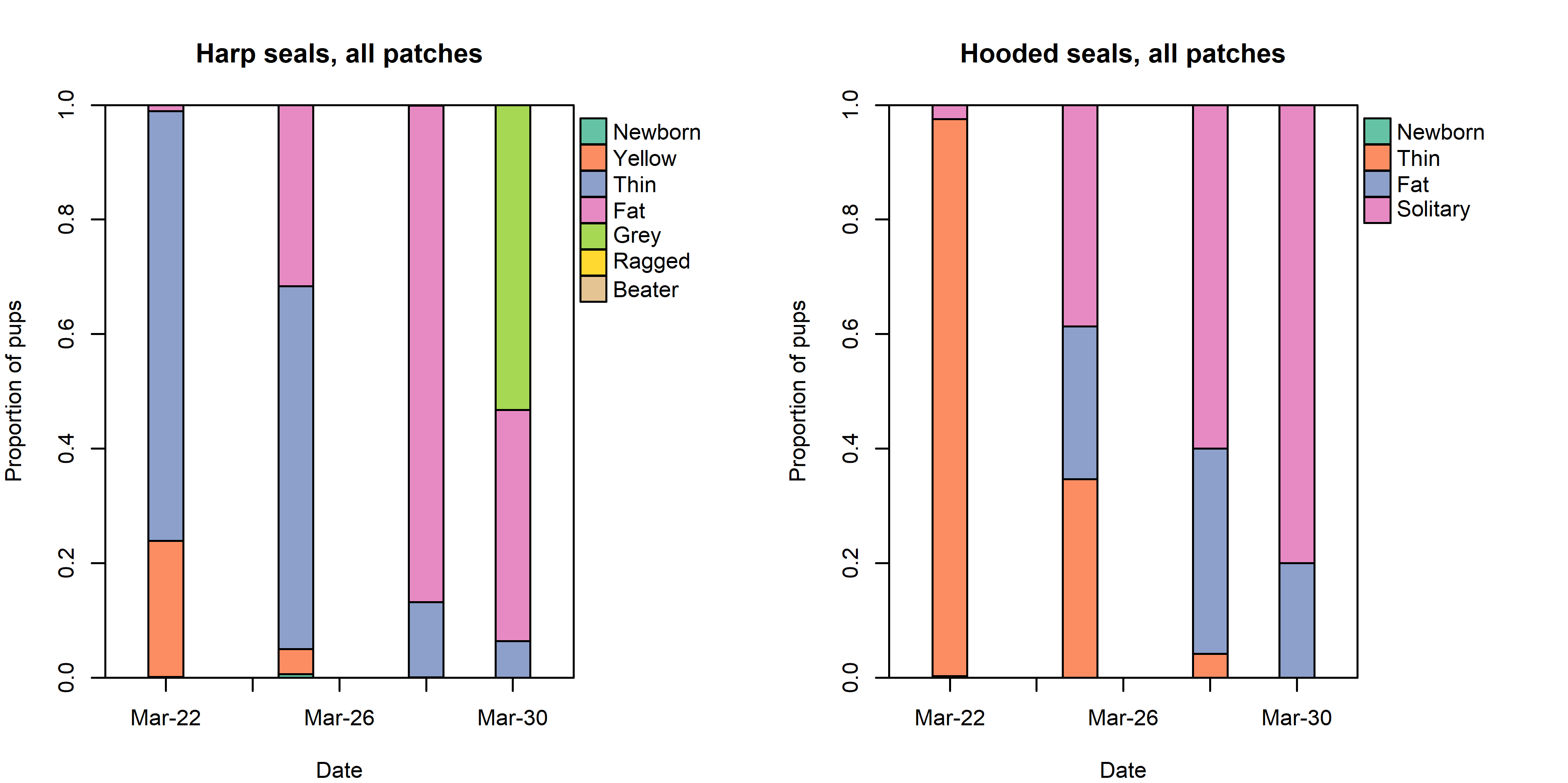 Fig. 8. Distribution of harp (left) and hooded (right) seal pups in individual age dependent stages in the whelping patch in March 2022.