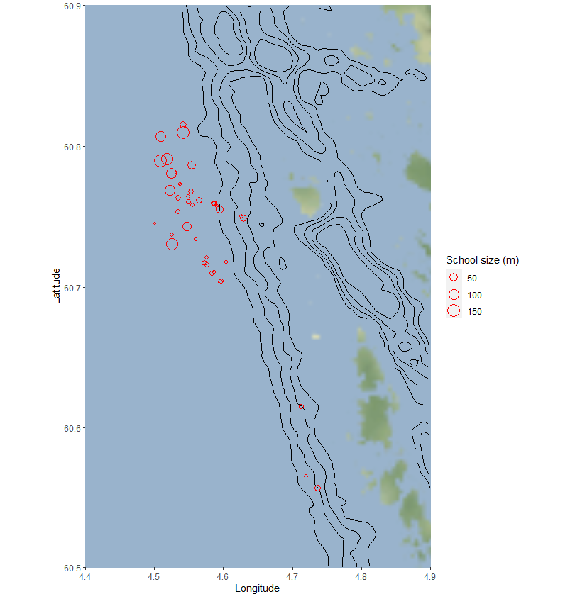  
Figure 12. Location of bluefin tuna schools measured with medium frequency sonar CS90 during 6th October. Symbol size proportional to the diameter the school measured along the sonar beams. Bathymetric curves are also shown in black.
