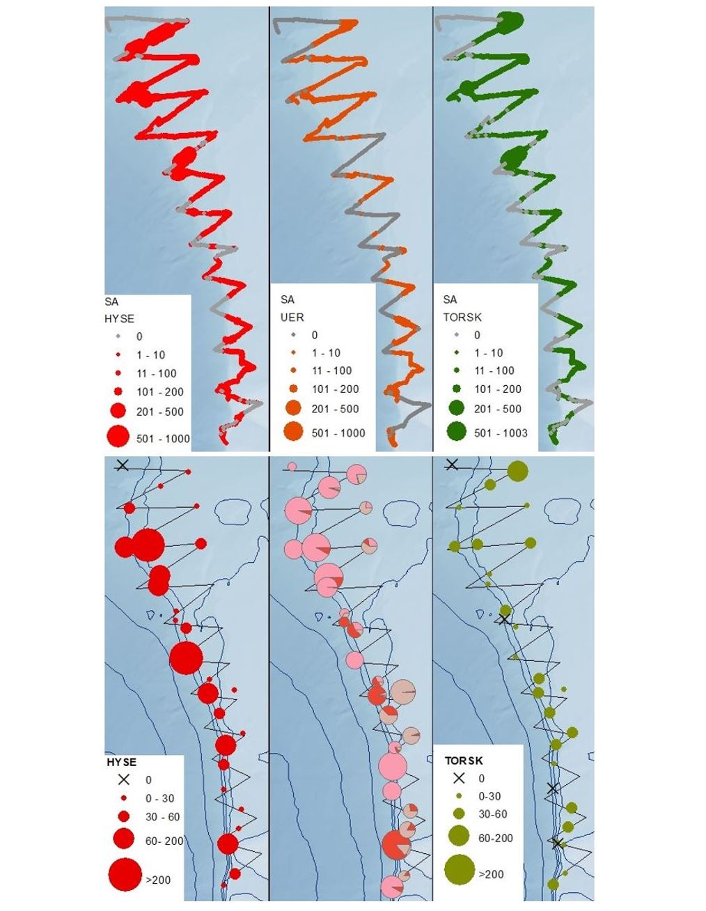 kart over akustikk og trålfangster hyse, uer og torsk