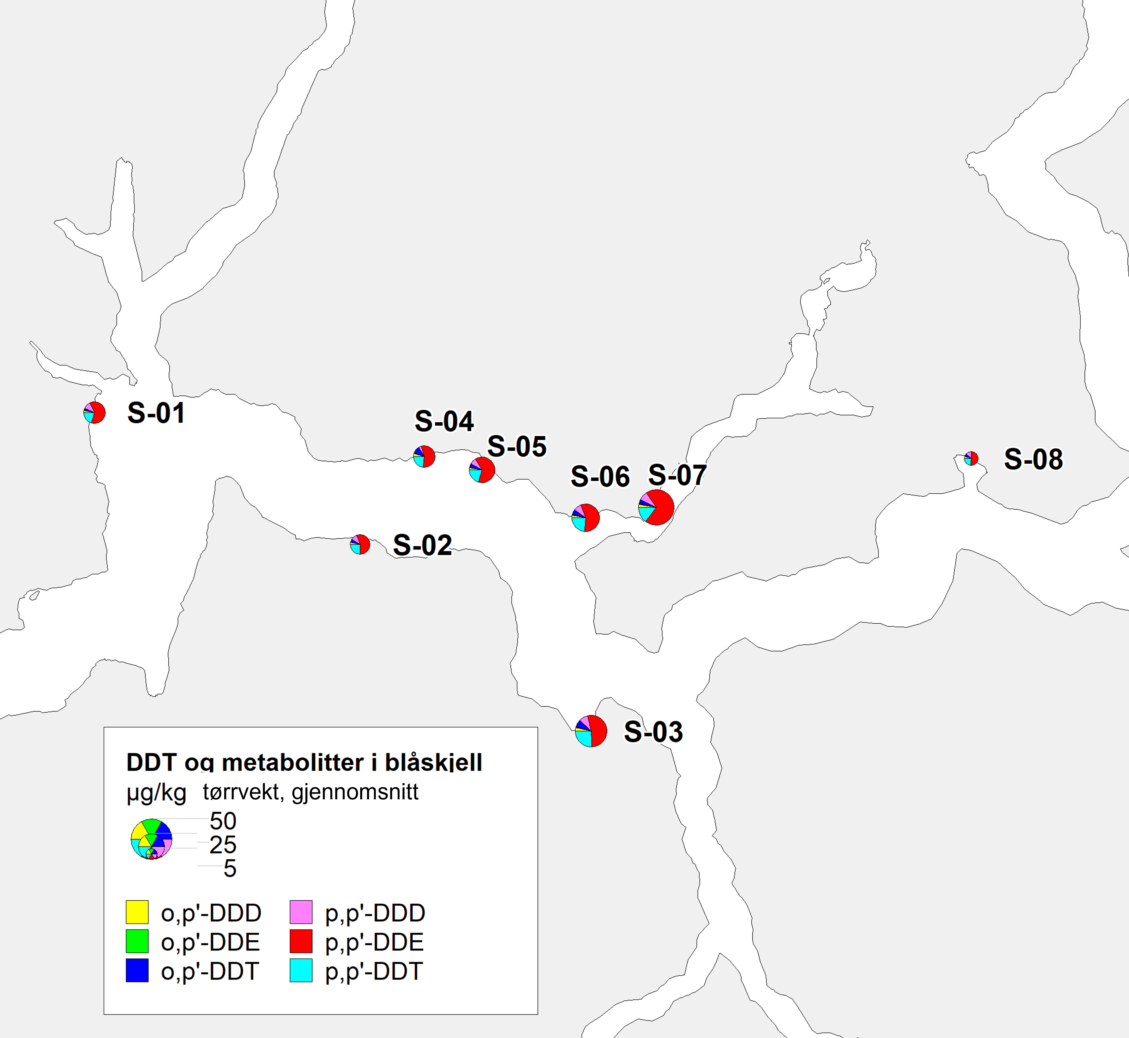 Kart Sognefjorden med isomerfordeling DDT