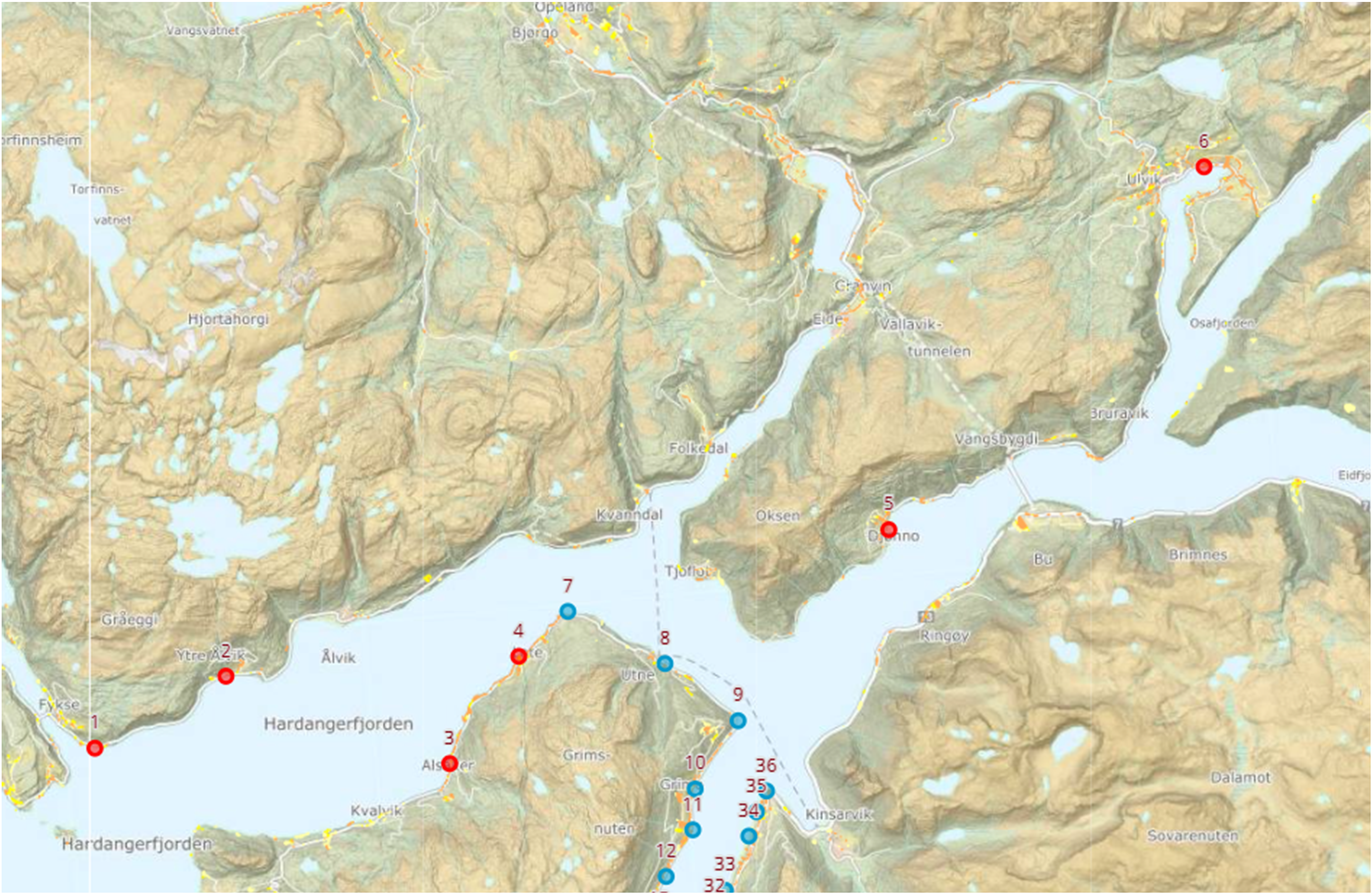 Planlagte prøvetakingsposisjoner i Hardangerfjorden