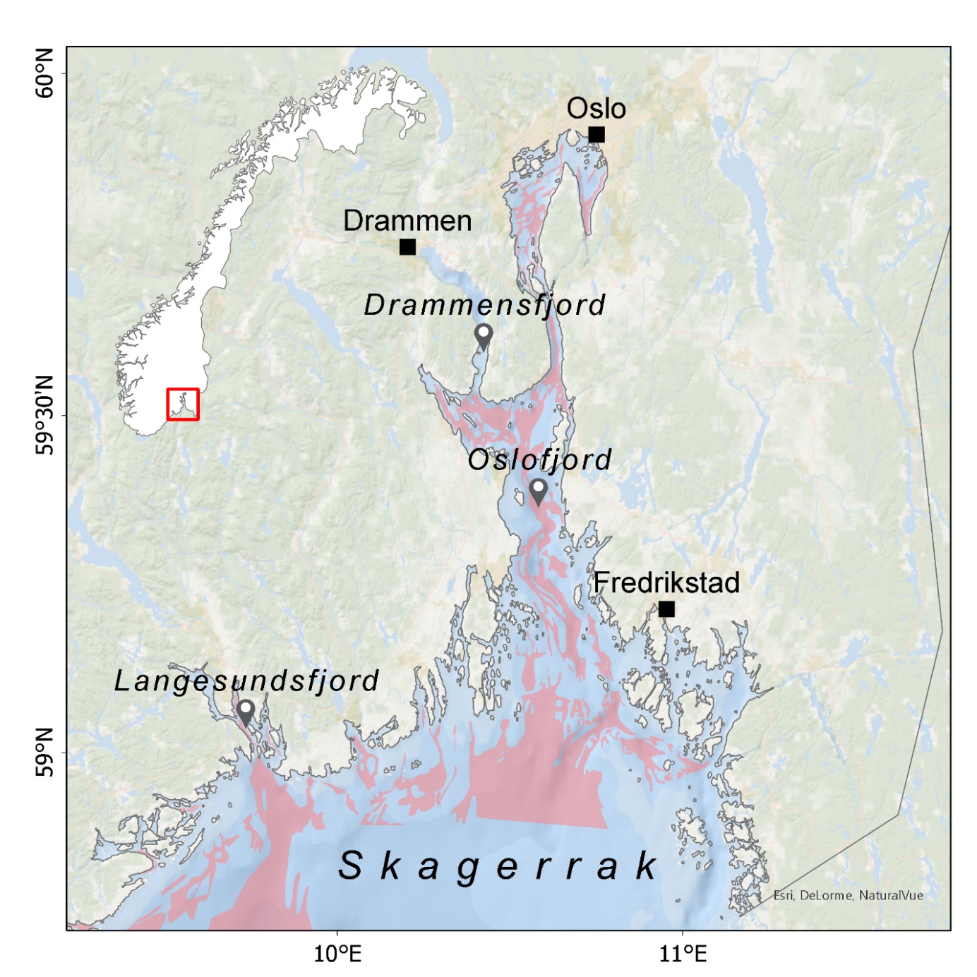 Figuren er et kart som viser rekefelt i Oslofjorden og helt øst i Skagerrak
