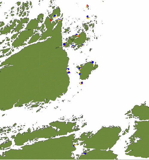 Kart over østsiden av Frøya med røde, gule og blå punkter.