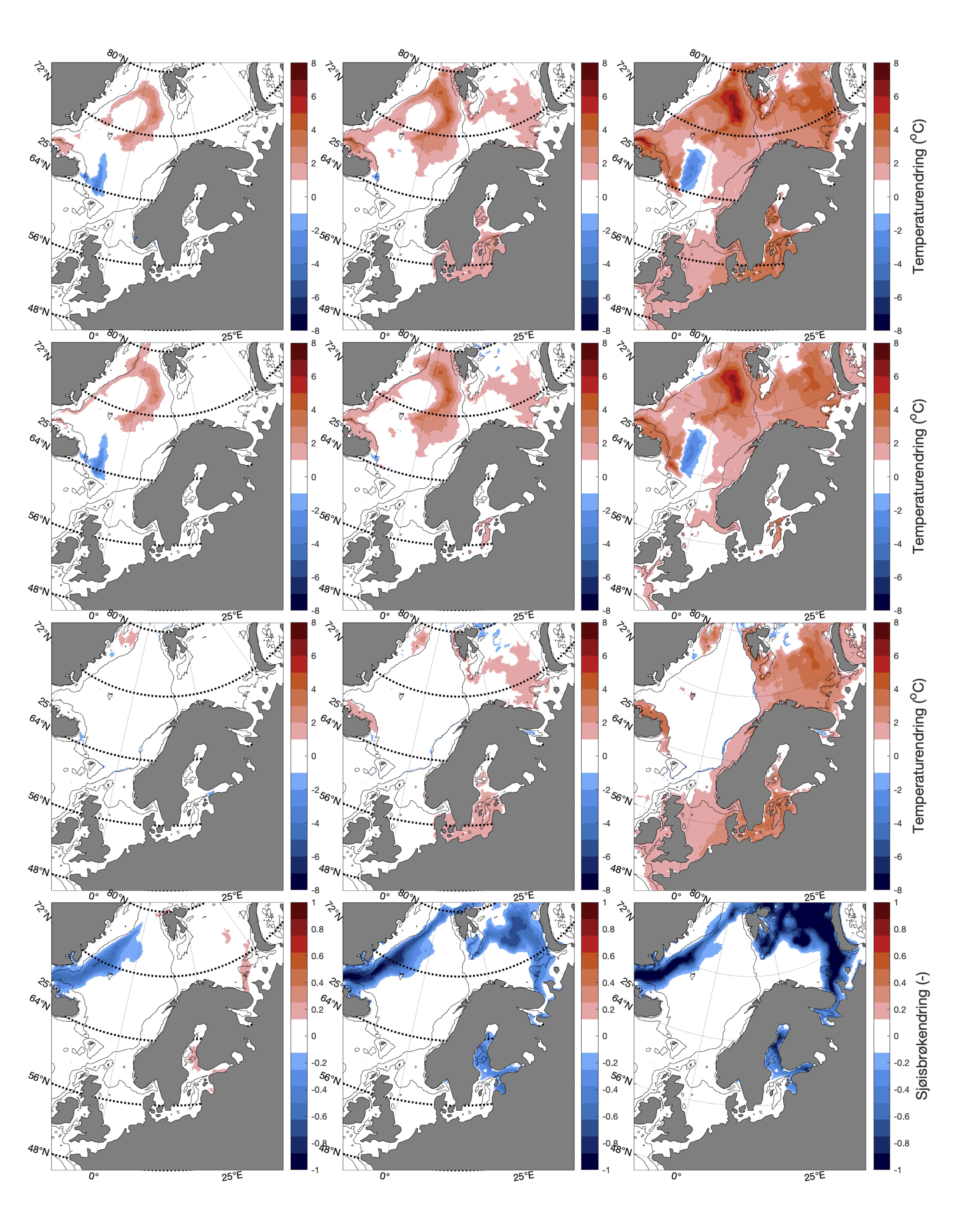 Romlig fordeling av trender i temperatur (◦C) på overflaten, 100 m og bunn, samt iskonsentrasjon i mars for SSP1-2.6, SSP2-4.5, og SSP5-8.5 (venstre-høyre) i perioden 2015-2100.