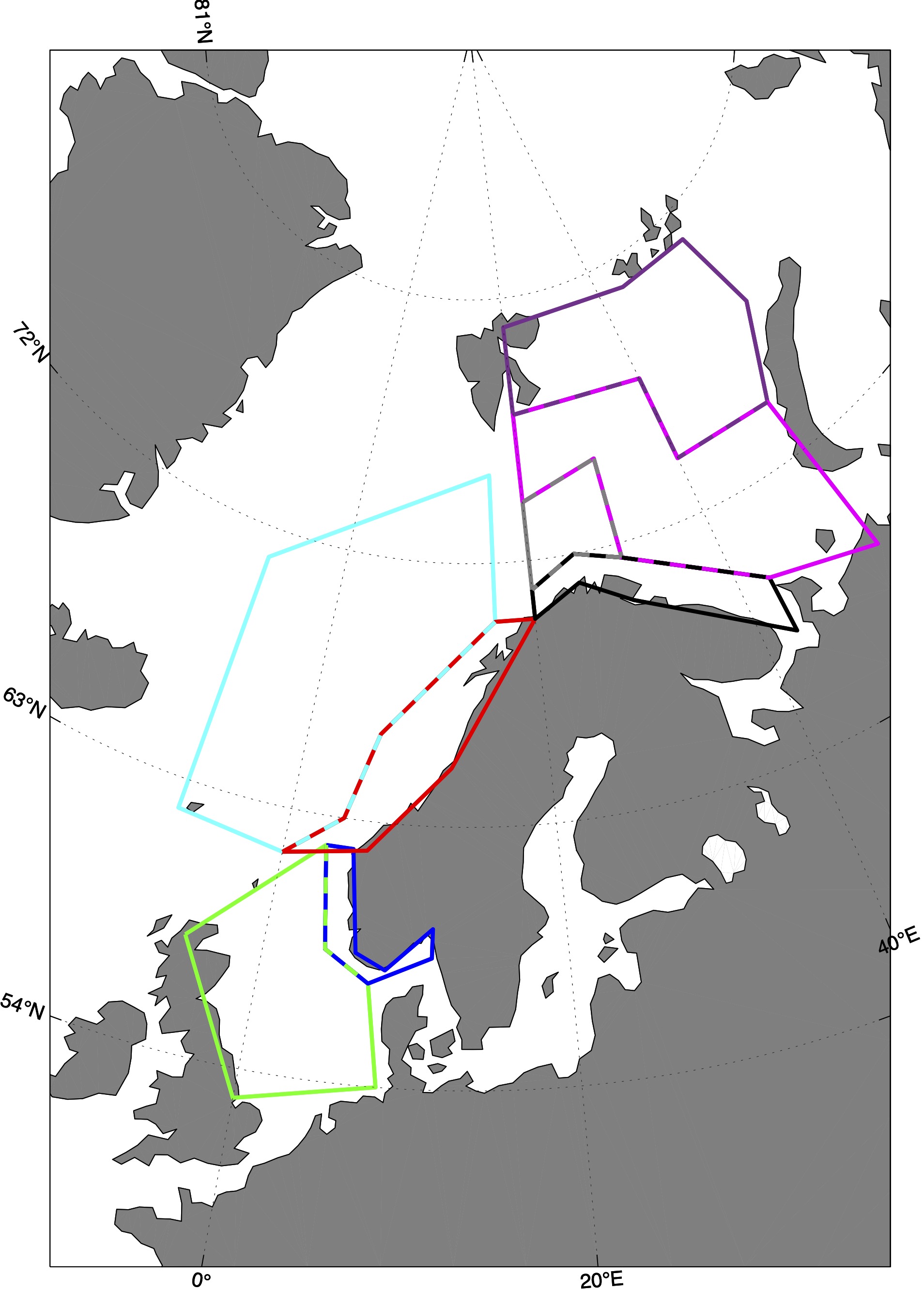 De fargede polygonene representerer regionene hvor tidsserier av representative vannmasser fra modellsimuleringene er hentet ut.
