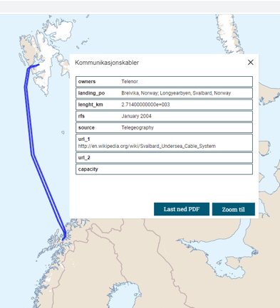 Figur 11 . Eksempel på sjøkabel. Kartet viser kabelsystemet til Longyearbyen ( Svalbardsfiberkabelen) som er et fiberkabelsystem mellom Svalbard og fastlands-Norge . Kablene er på ca. 1300 km og nedgravd på opptil 1670 m dyp (rett vest for Svalbard). Kilde: Arealverktøyet.