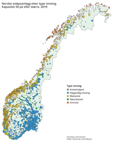 Figur 13. Norske avløpsanlegg etter type rensing i 2019. Rødt er urenset, grønt er naturbasert, gult er mekanisk rensing, blått er høygradig rensing, mens grå sirker indikerer annet/ukjent rensing. Figur er hentet fra Berge (2020).