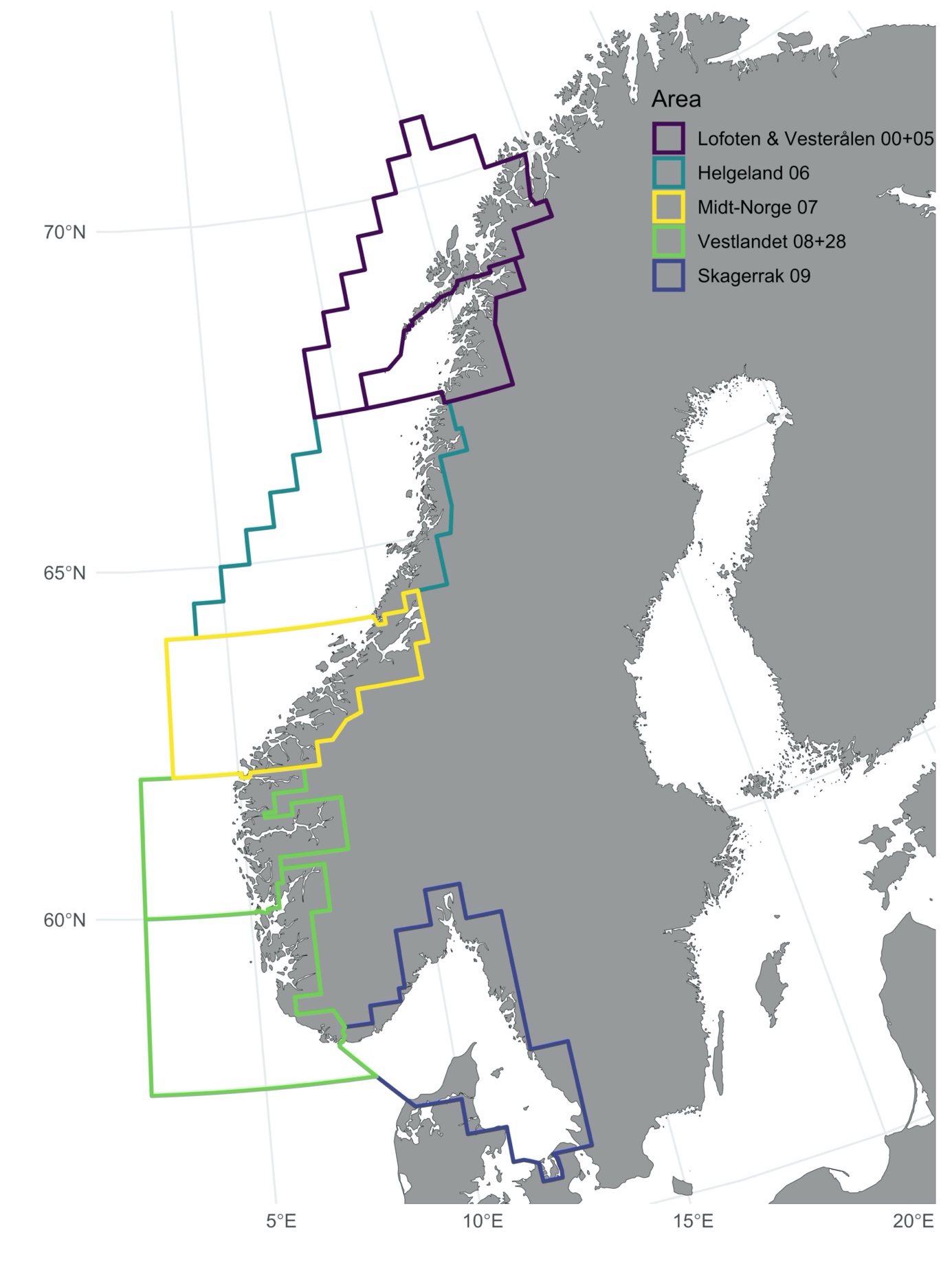 Inndeling av den norske taskekrabbebestanden i fem forvaltningsområder (fra sør til nord): Skagerrak, Vestlandet, Midt-Norge, Helgeland og Lofoten & Vesterålen. Områdene er basert på de samme statistiske fiskeriområdene som fiskerne rapporterer på sluttsedlene til Fiskeridirektoratet.