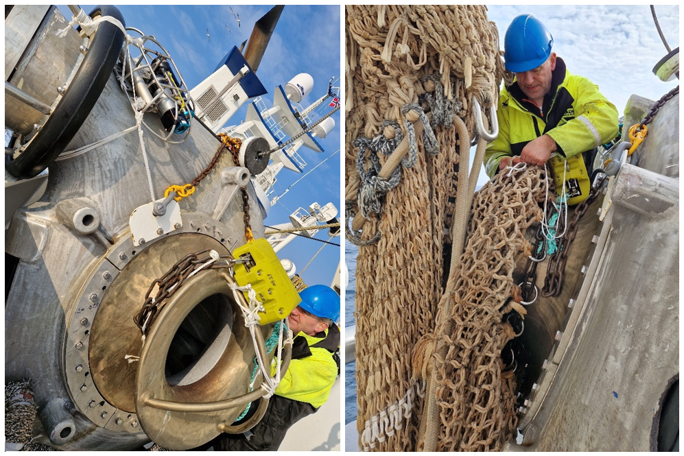 Figure 7.3 – Left: releaser and securing chain (Rig A) attached to pump-head, without the cod-end skirt attached. Camera and depth-sensor array is in a protective steel frame at the top of the image.  Right: releaser and securing chain (Rig A) with the cod-end skirt fitted to the pump-head, showing the release jaw side of the releaser.