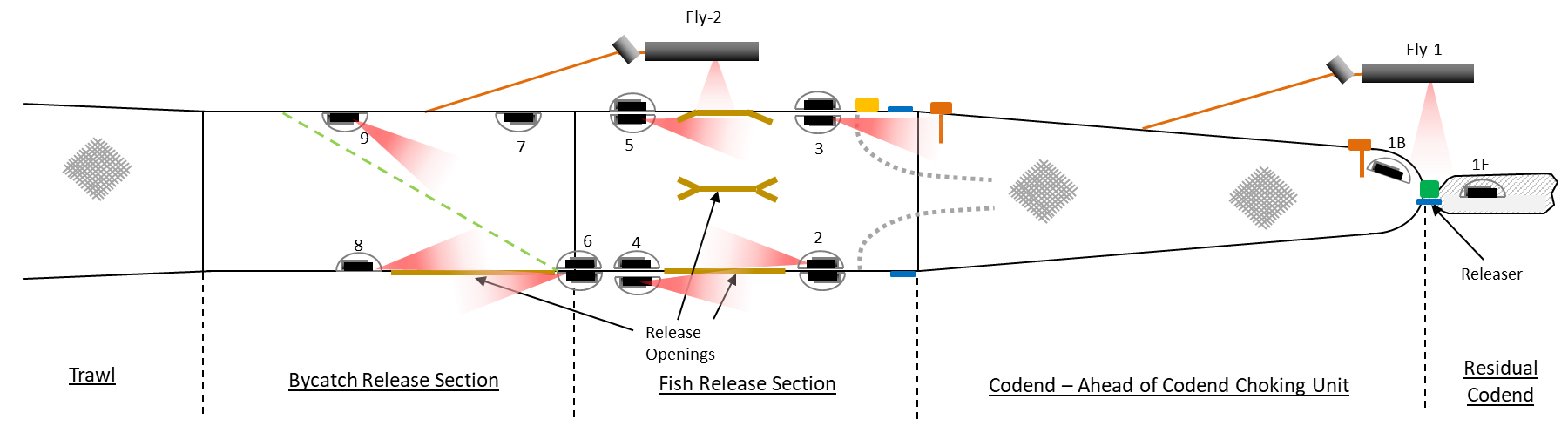 Figure A2 – Camera positions on the Catch Control Rigs and Cod-end.  Post-script F means the camera was forward facing (toward the mouth of the trawl) and post-script B means the camera was backwards facing (towards the cod-end).  The red shaded triangles provide an approximate indication of the illuminating light field in some example positions.  See sections 3, 4, 5 and 8 for further explanation of the fishing gear components.  