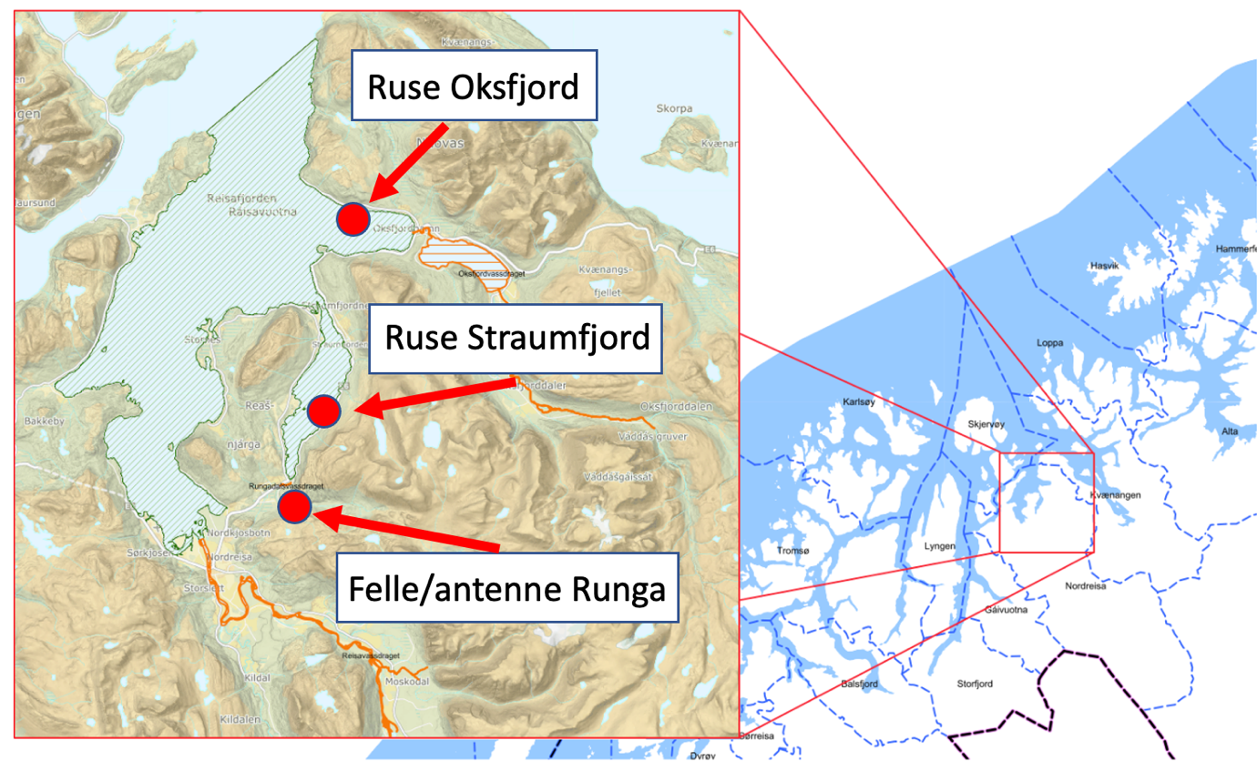 Kart over ruser, antenner og feller i Nordreisa i 2022
